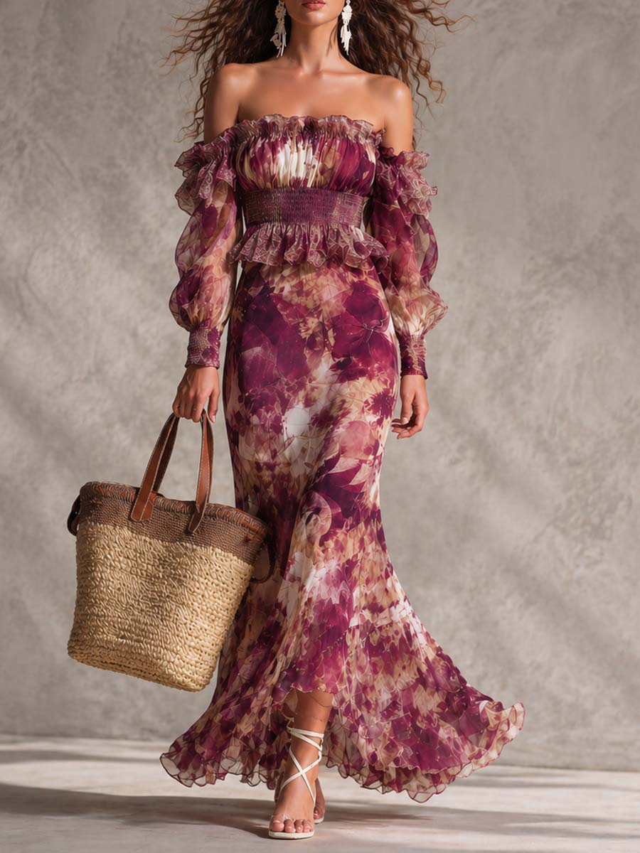 Vestido largo de gasa rosa con hombros al aire