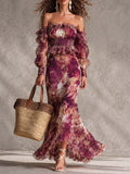 Vestido largo de gasa rosa con hombros al aire