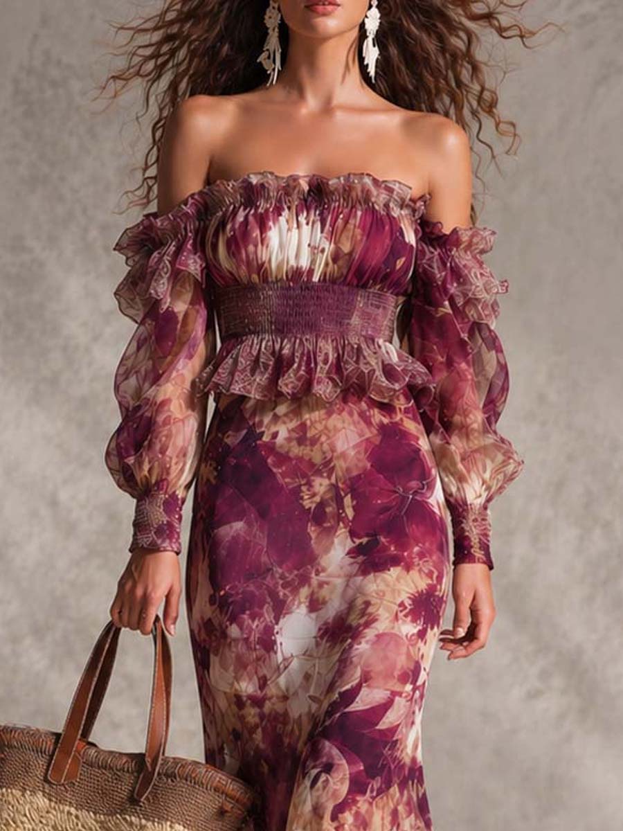 Vestido largo de gasa rosa con hombros al aire