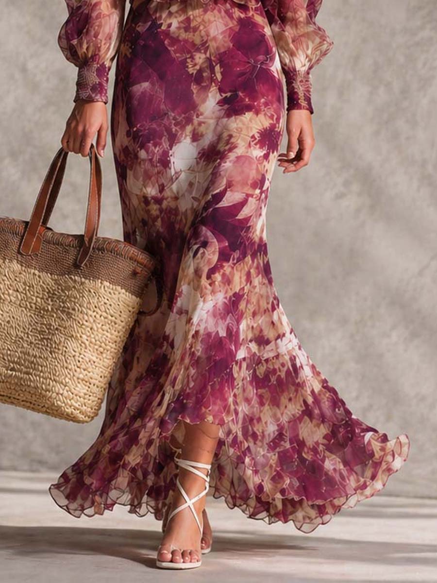 Vestido largo de gasa rosa con hombros al aire