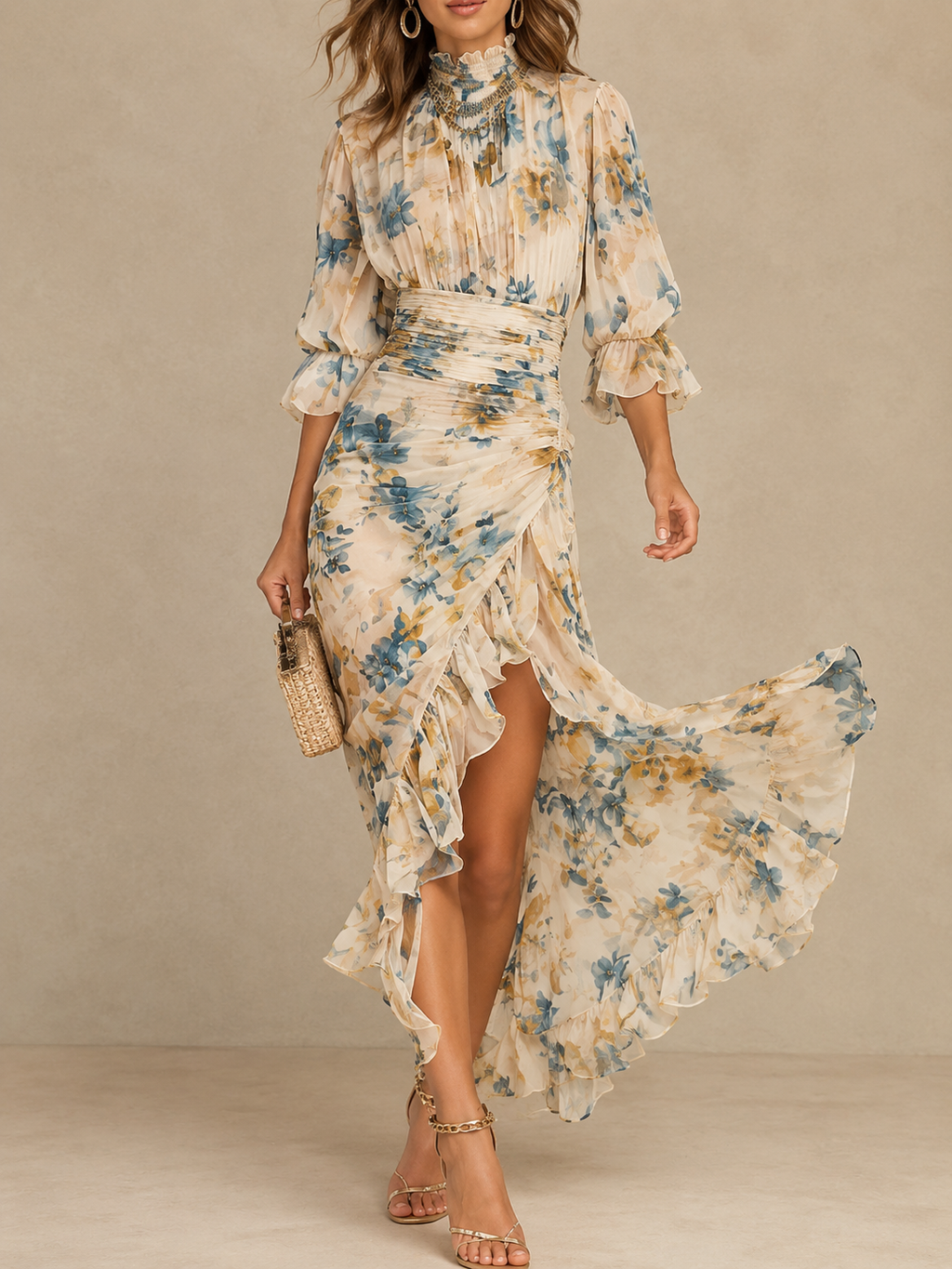 Vestido largo de gasa asimétrico con estampado floral y cuello alto, color beige
