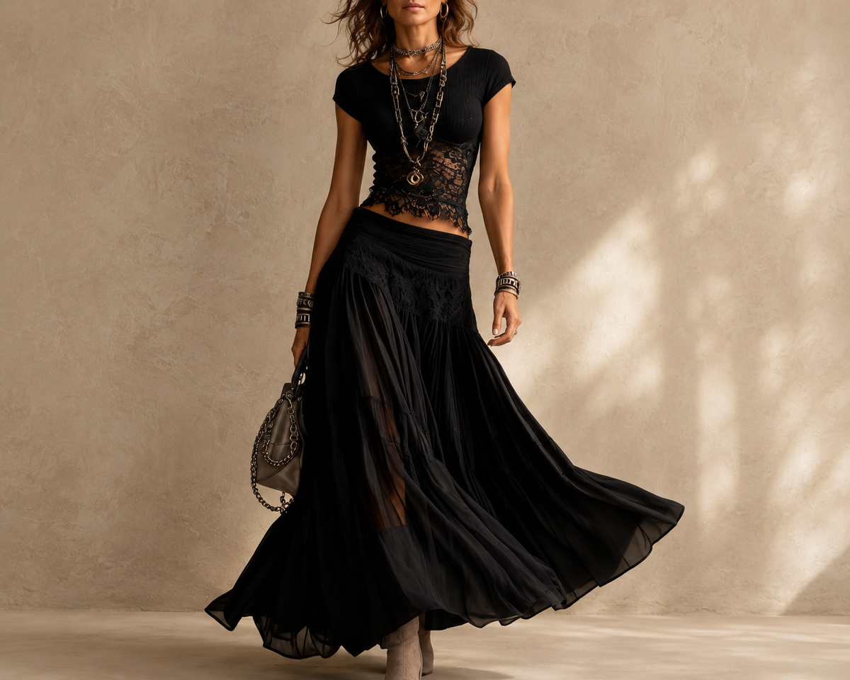 Top de encaje negro transparente y falda maxi plisada