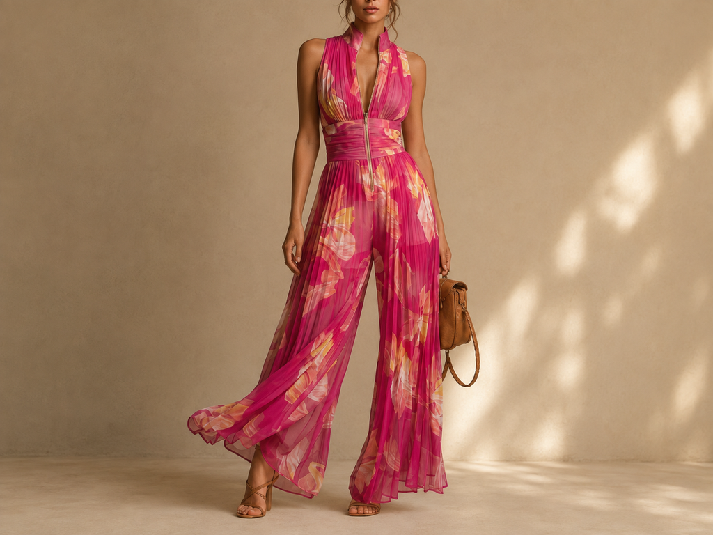 Mono sin mangas de gasa plisada con cremallera y estampado floral fucsia