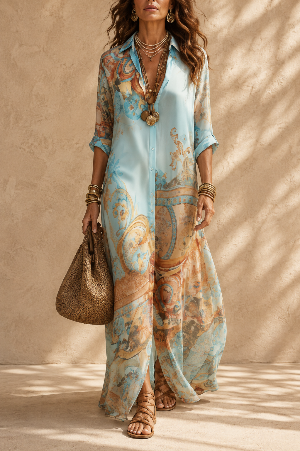 Vestido largo azul con estampado floral