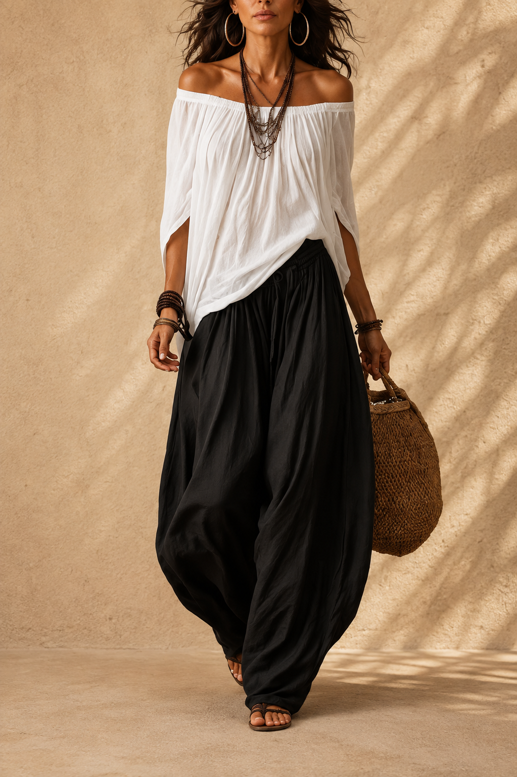 Top blanco con hombros al aire y conjunto de pantalones anchos tipo linterna
