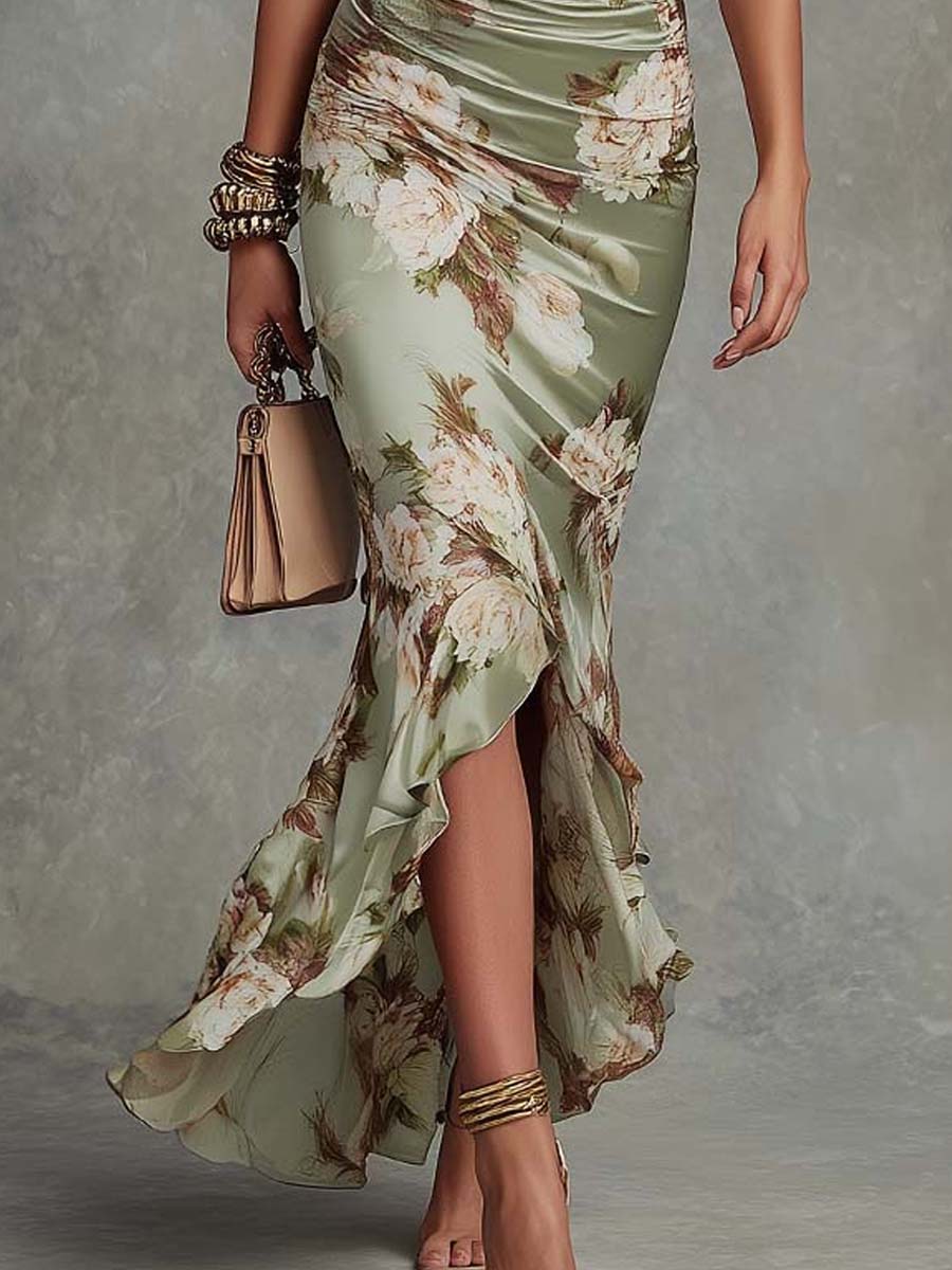 Vestido largo asimétrico de satén verde Avelia