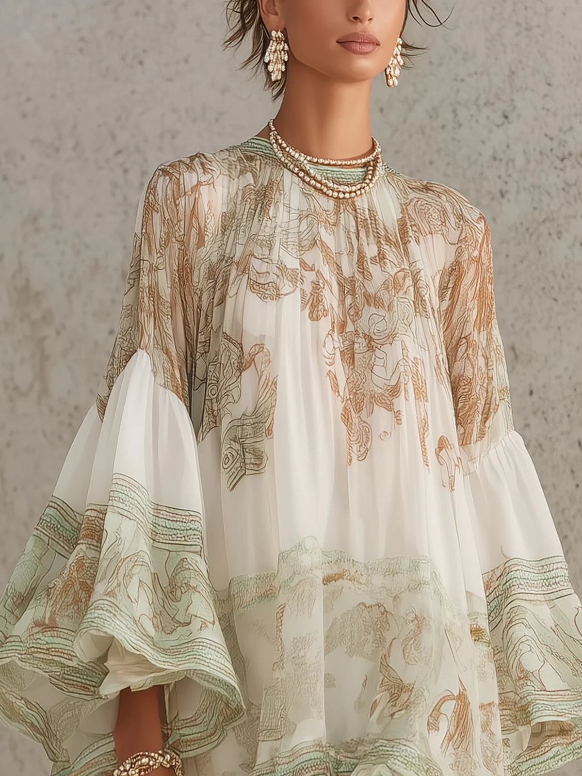 Vestido mini de gasa a rayas con mangas con volante