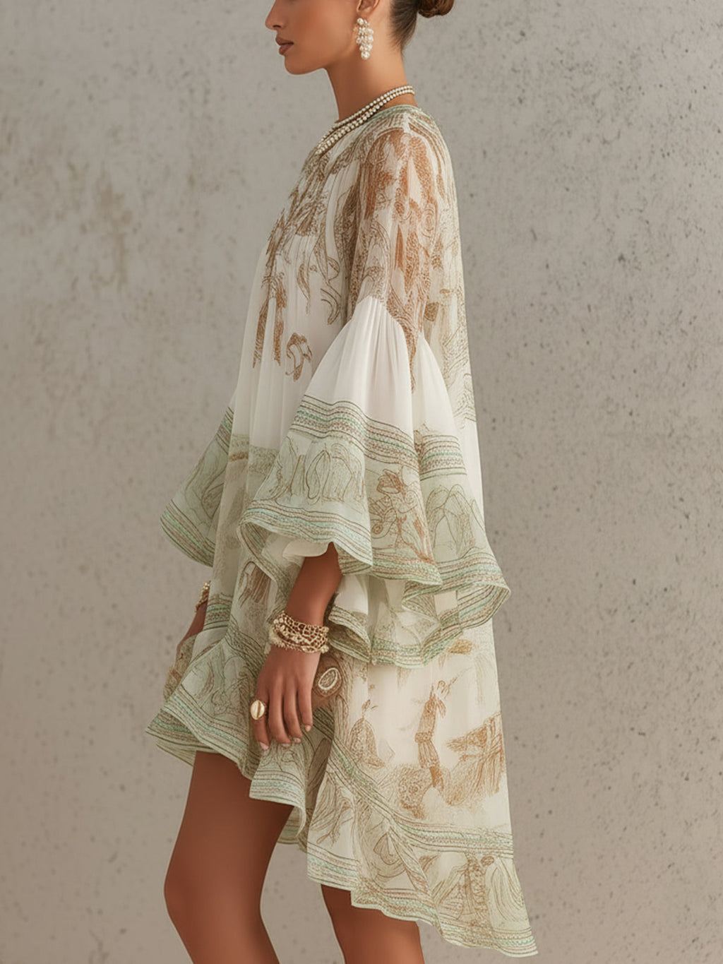 Vestido mini de gasa a rayas con mangas con volante