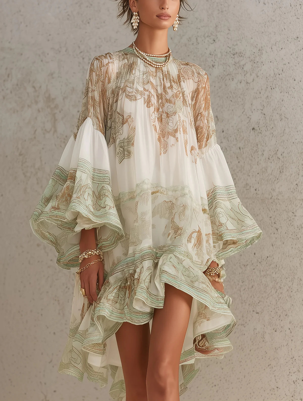Vestido mini de gasa a rayas con mangas con volante
