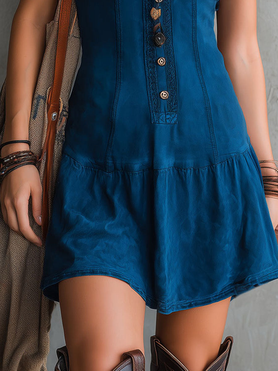 Abito Mini Senza Maniche con Scollo a V e Bottoni Bohemien Indigo