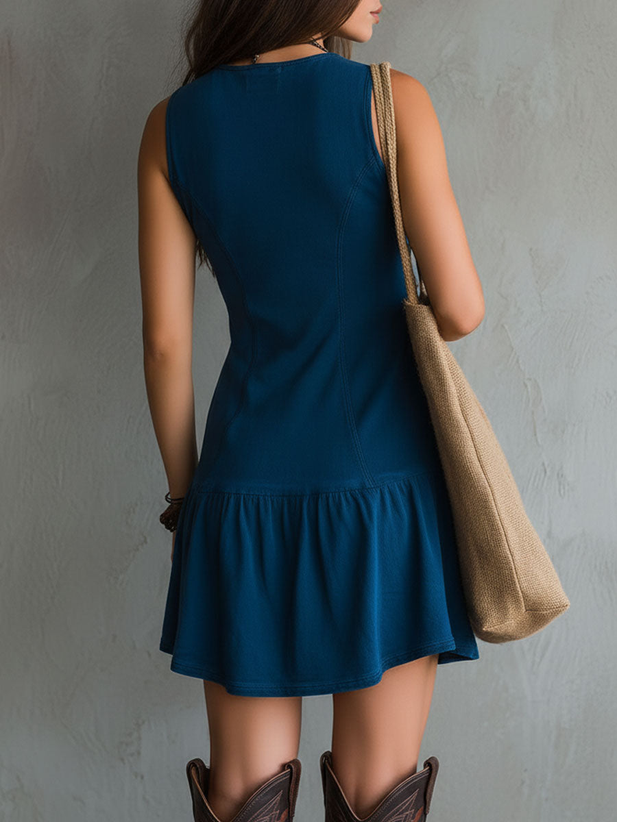 Abito Mini Senza Maniche con Scollo a V e Bottoni Bohemien Indigo