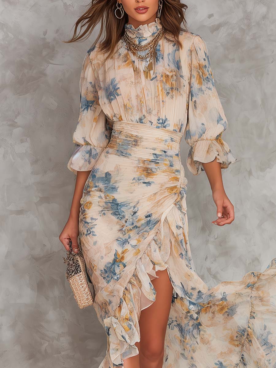 Vestido largo de gasa asimétrico con estampado floral y cuello alto, color beige