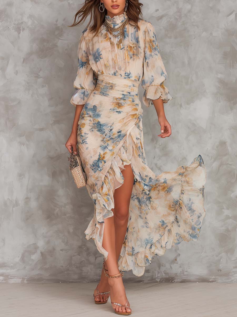 Vestido largo de gasa asimétrico con estampado floral y cuello alto, color beige
