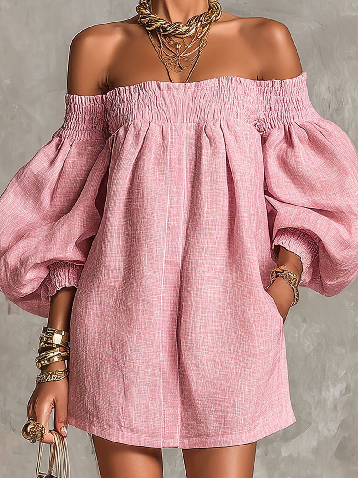 Violette | Vestido mini trapecio rosa con mangas acampanadas y hombros al aire