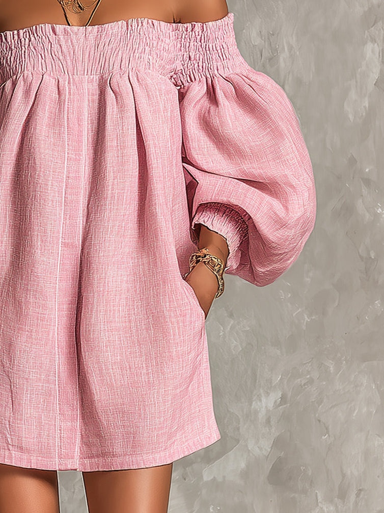 Violette | Vestido mini trapecio rosa con mangas acampanadas y hombros al aire