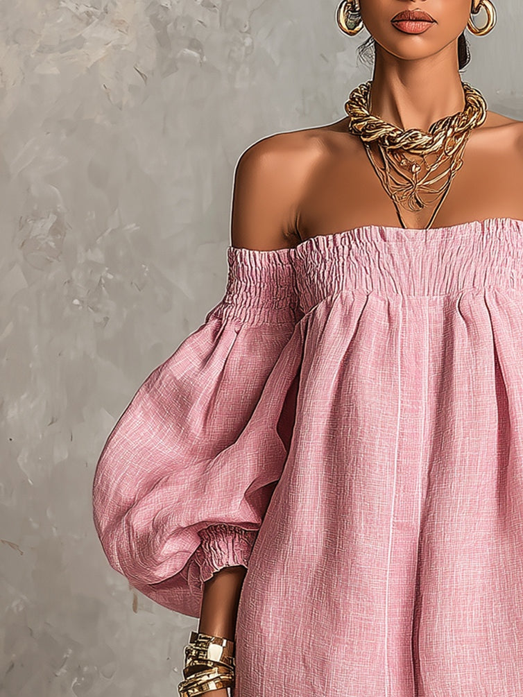 Violette | Vestido mini trapecio rosa con mangas acampanadas y hombros al aire