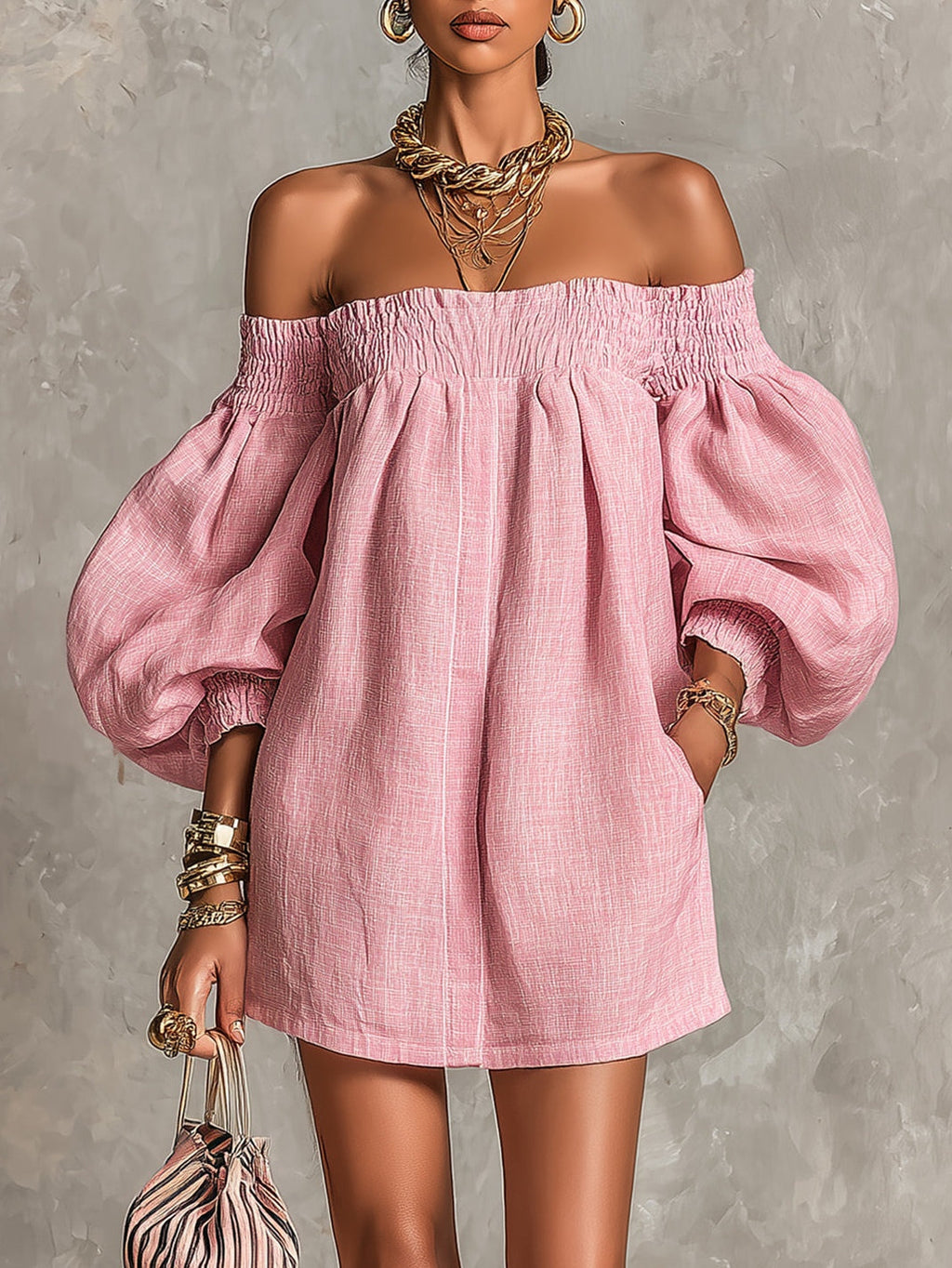 Violette | Vestido mini trapecio rosa con mangas acampanadas y hombros al aire