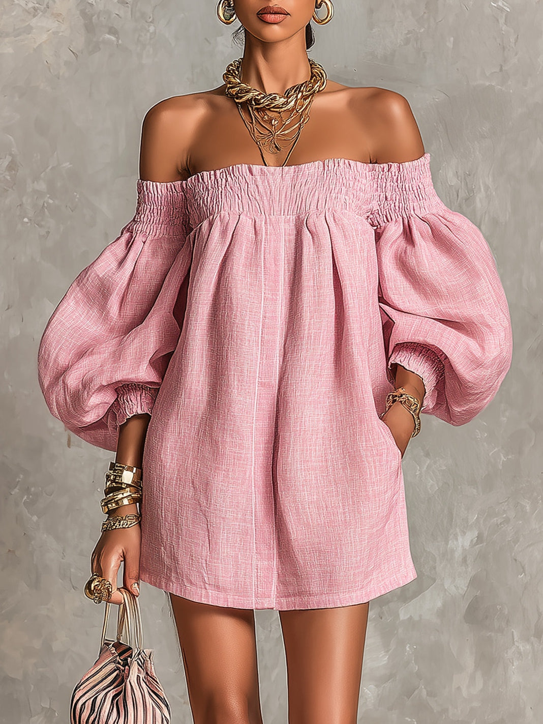 Violette | Vestido mini trapecio rosa con mangas acampanadas y hombros al aire