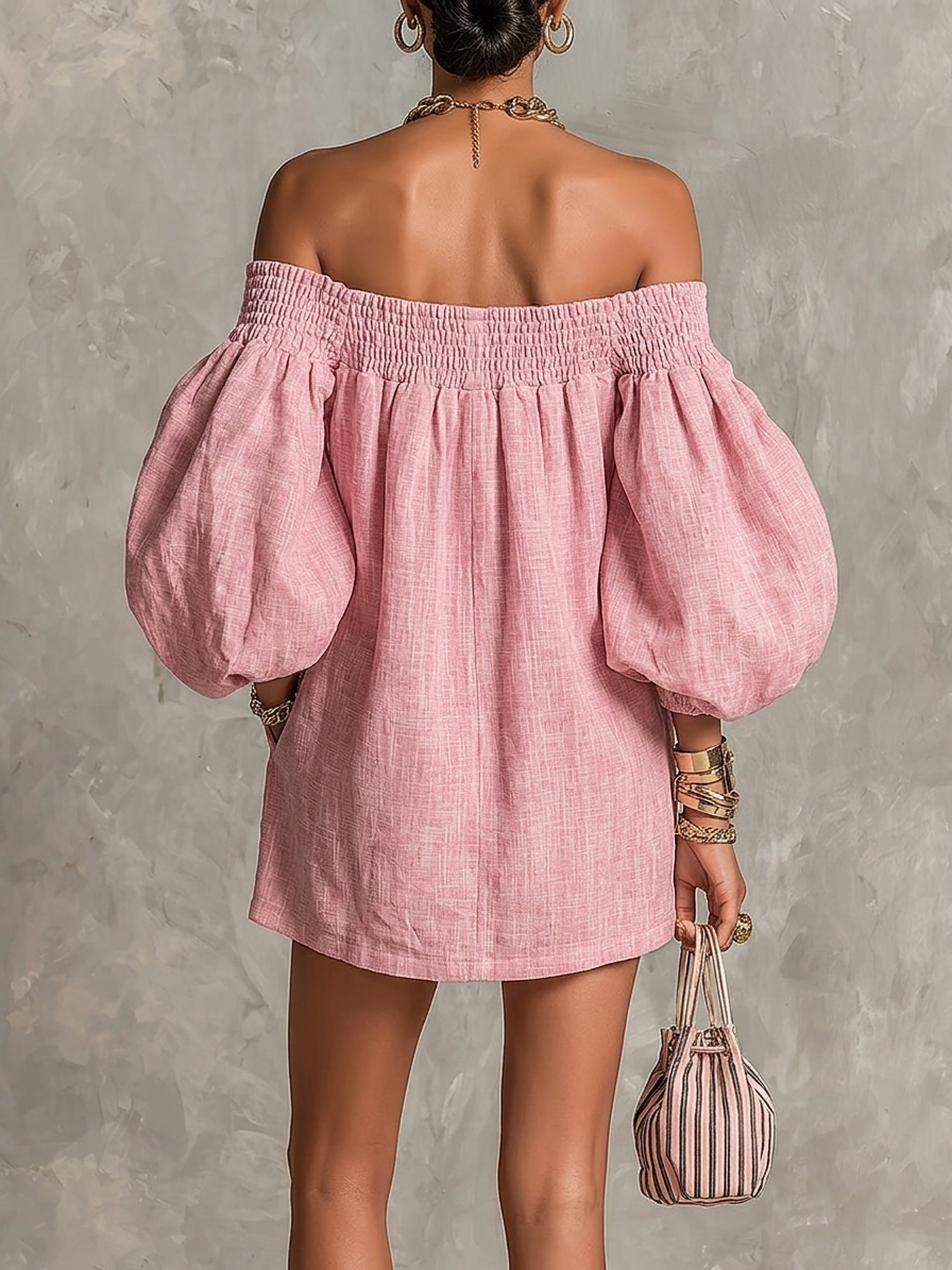 Violette | Vestido mini trapecio rosa con mangas acampanadas y hombros al aire