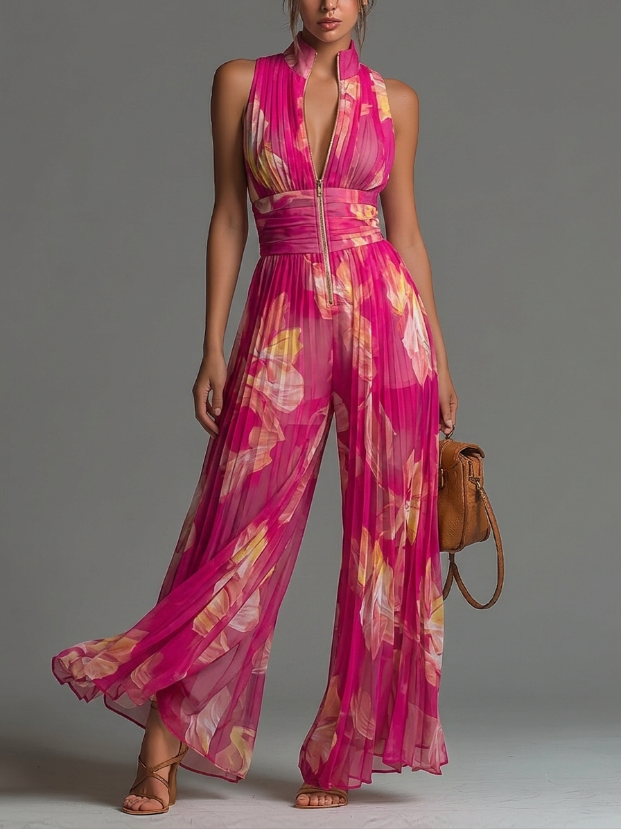 Mono sin mangas de gasa plisada con cremallera y estampado floral fucsia