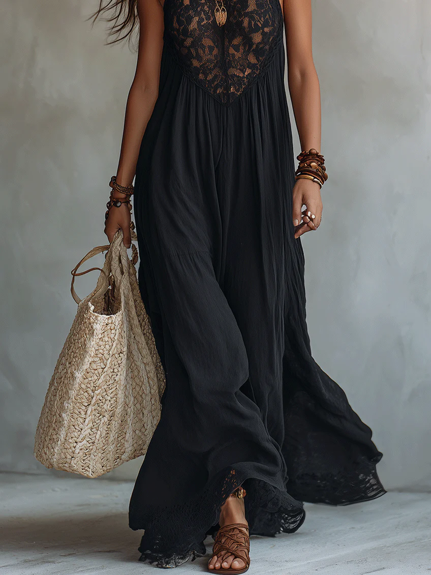 Vestido largo negro sin mangas con encaje de estilo bohemio