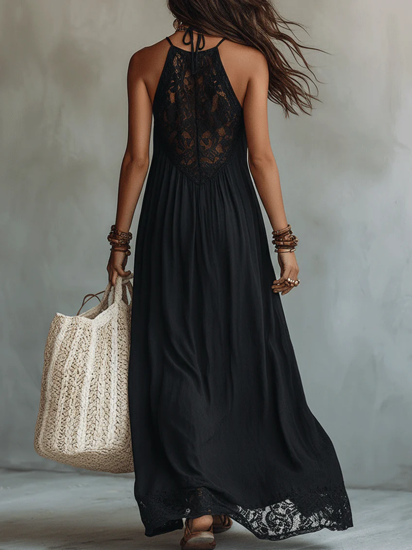 Vestido largo negro sin mangas con encaje de estilo bohemio