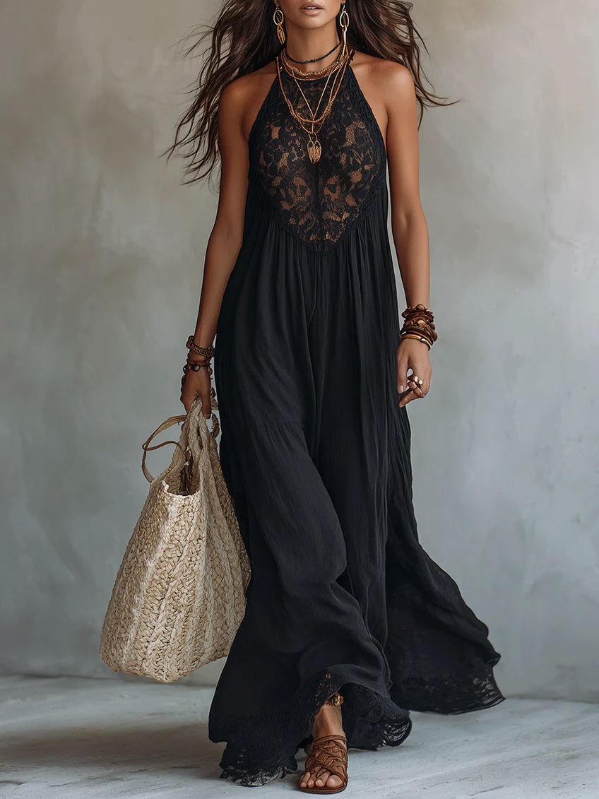 Vestido largo negro sin mangas con encaje de estilo bohemio