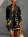 Vestido mini de encaje de ganchillo con escote en V, negro y dorado estampado