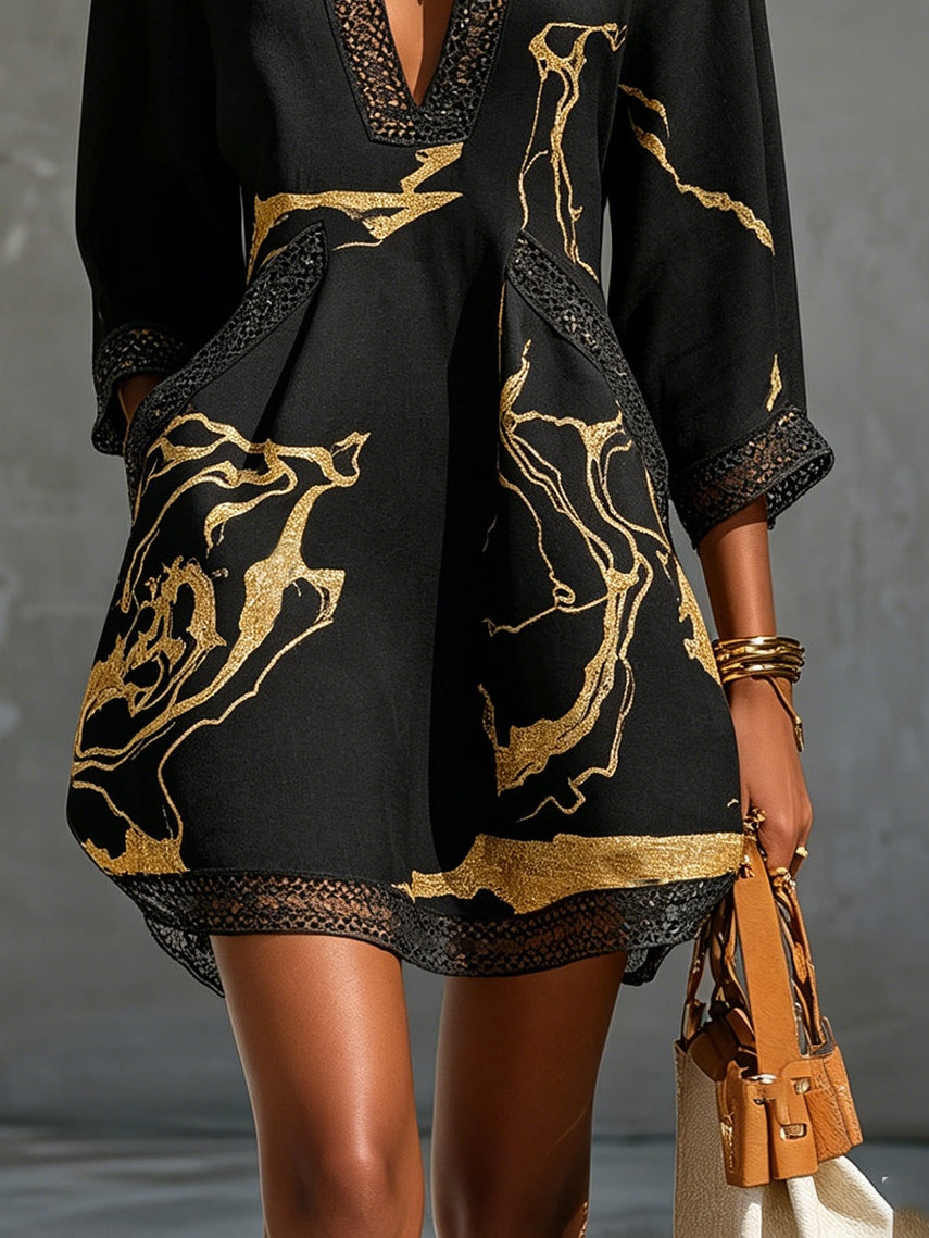 Vestido mini de encaje de ganchillo con escote en V, negro y dorado estampado