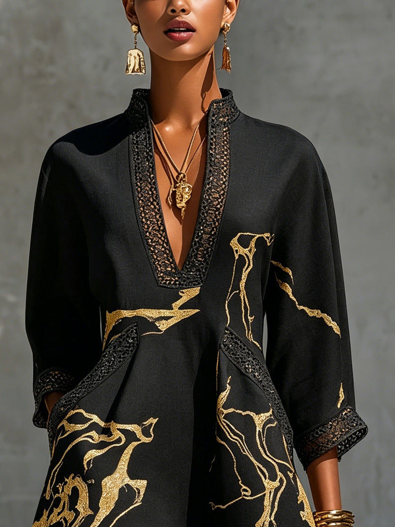 Vestido mini de encaje de ganchillo con escote en V, negro y dorado estampado