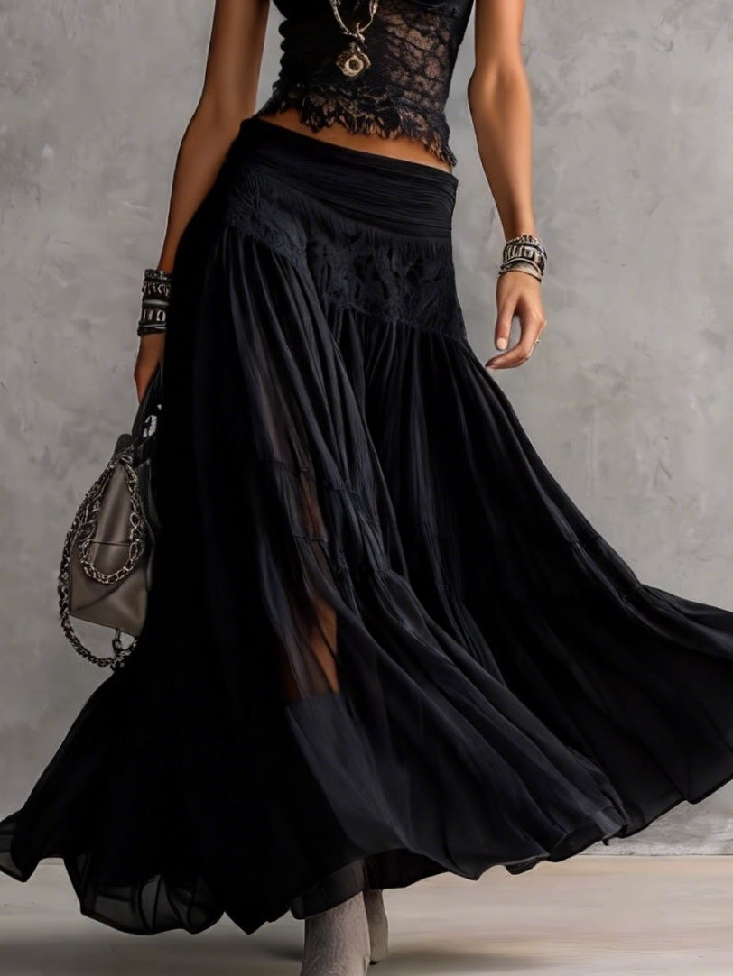 Top de encaje negro transparente y falda maxi plisada